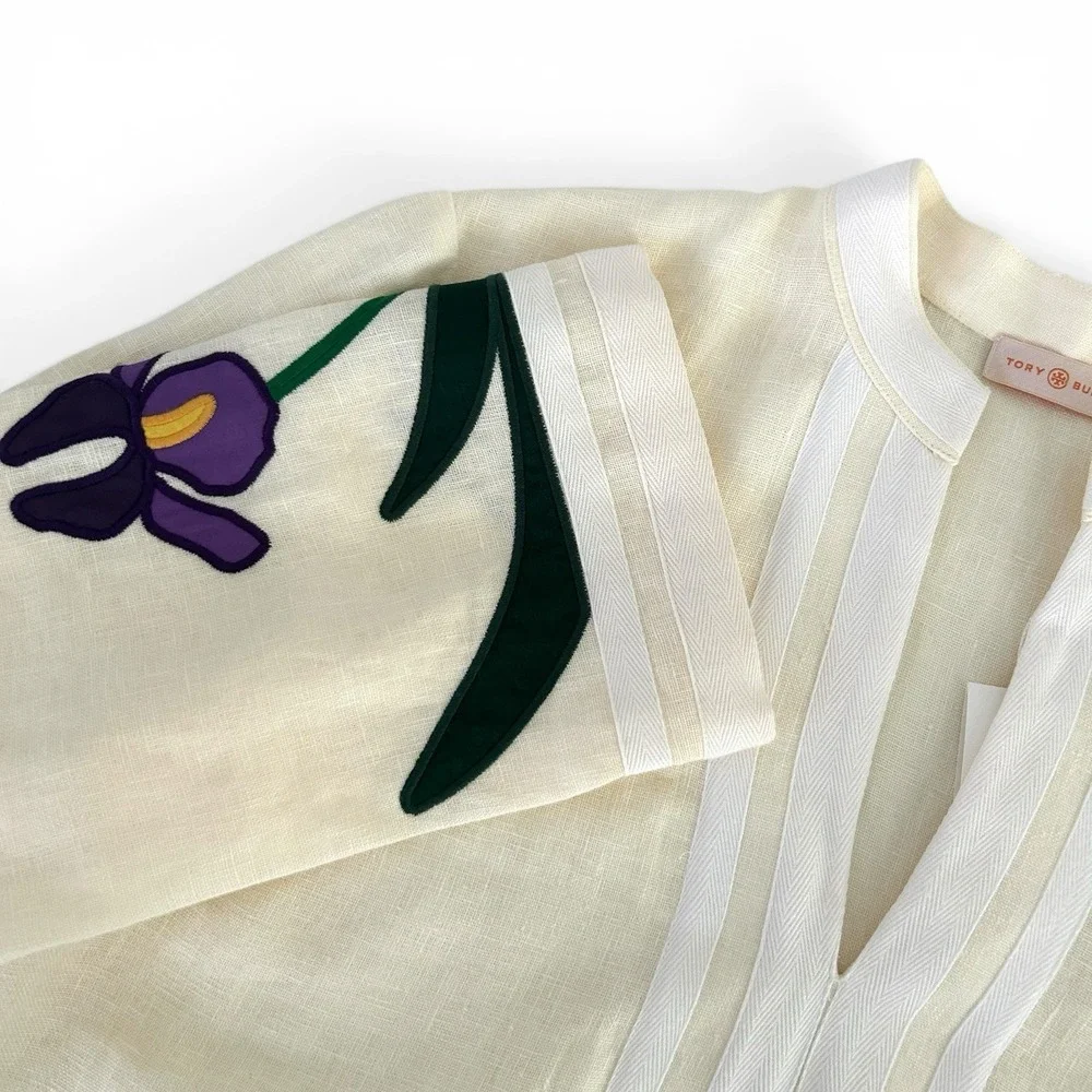 Tory Burch Women 16 Cream Ivory Multicolor 100% Linen Embroidered Tunic Top NWT